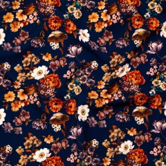 Stretch Polyester Crepe – Navy and Orange Floral – Floral Dreams Print – Mood Exclusive St. Tropez Collection Stretch Polyester Crepe – Navy and Orange Floral – Floral Dreams Print – Mood Exclusive St. Tropez Collection