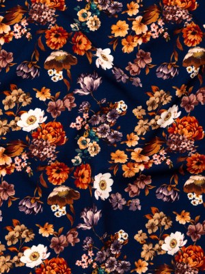 Stretch Polyester Crepe – Navy and Orange Floral – Floral Dreams Print – Mood Exclusive St. Tropez Collection Stretch Polyester Crepe – Navy and Orange Floral – Floral Dreams Print – Mood Exclusive St. Tropez Collection
