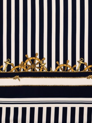 Stretch Polyester Crepe Panel – Ship Wheels and Stripes – Maritime Adornments Print – Mood Exclusive St. Tropez Collection Stretch Polyester Crepe Panel – Ship Wheels and Stripes – Maritime Adornments Print – Mood Exclusive St. Tropez Collection