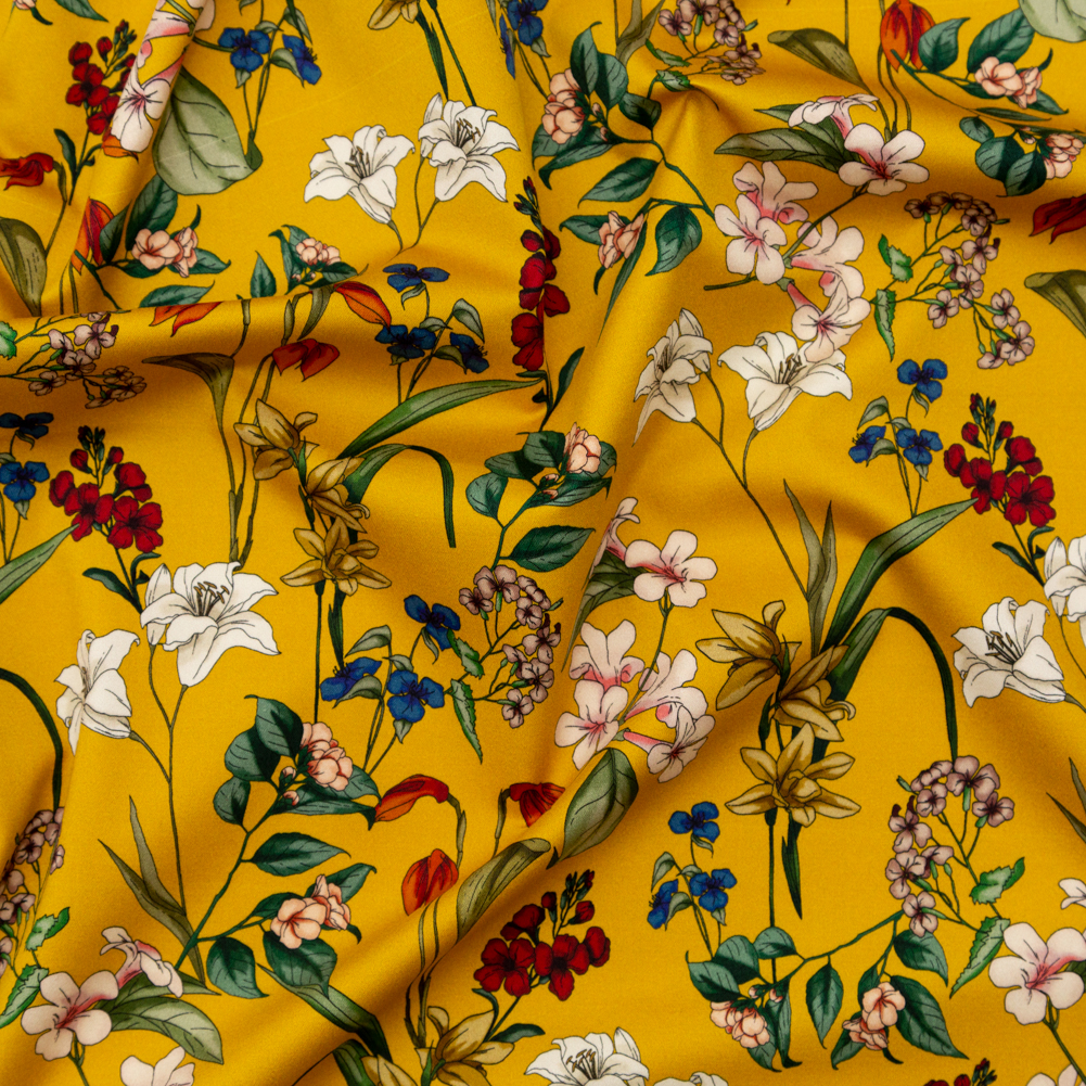 Stretch Cotton Sateen – Yellow Floral – Mediterranean Dreams Print – Mood Exclusive St. Tropez Collection Stretch Cotton Sateen – Yellow Floral – Mediterranean Dreams Print – Mood Exclusive St. Tropez Collection