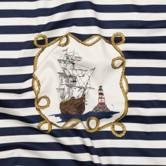 Stretch Cotton Sateen Panel – Navy and Gold Stripes and Ropes – Lighthouse Adventures Print – Mood Exclusive St. Tropez Collection Stretch Cotton Sateen Panel – Navy and Gold Stripes and Ropes – Lighthouse Adventures Print – Mood Exclusive St. Tropez Collection