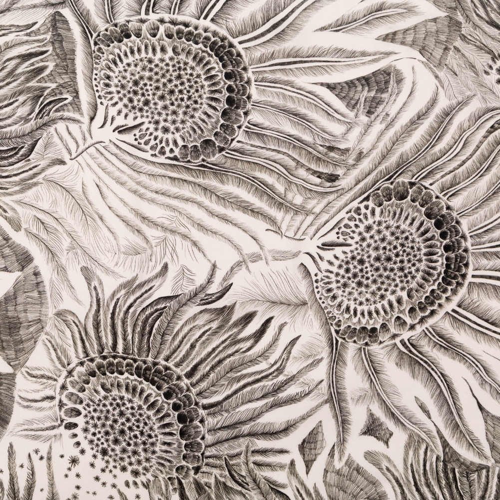 Rayon Challis – Black and White Sunflowers – Mood Exclusive Floral Hideaways Print Rayon Challis – Black and White Sunflowers – Mood Exclusive Floral Hideaways Print