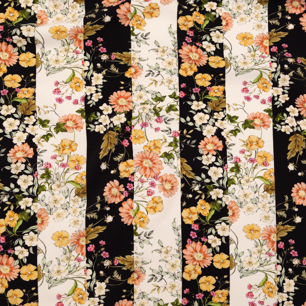 Stretch Polyester Crepe – Black and White Floral Stripes – Better in the Night Print – Mood Exclusive Kenko Collection Stretch Polyester Crepe – Black and White Floral Stripes – Better in the Night Print – Mood Exclusive Kenko Collection
