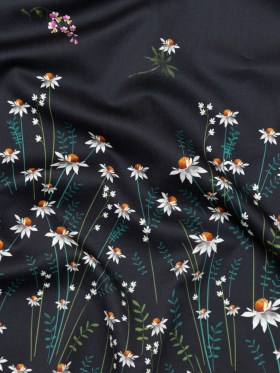 Stretch Cotton Sateen Panel – Black Beauty Daisy Flowers – Growing Distant Print – Mood Exclusive Kenko Collection Stretch Cotton Sateen Panel – Black Beauty Daisy Flowers – Growing Distant Print – Mood Exclusive Kenko Collection