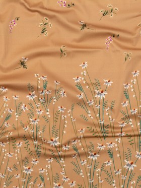 Stretch Cotton Sateen Panel – Brown Sugar Daisy Flowers – Growing Distant Print – Mood Exclusive Kenko Collection Stretch Cotton Sateen Panel – Brown Sugar Daisy Flowers – Growing Distant Print – Mood Exclusive Kenko Collection