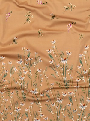Stretch Cotton Sateen Panel – Brown Sugar Daisy Flowers – Growing Distant Print – Mood Exclusive Kenko Collection Stretch Cotton Sateen Panel – Brown Sugar Daisy Flowers – Growing Distant Print – Mood Exclusive Kenko Collection