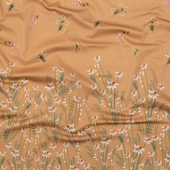Stretch Cotton Sateen Panel – Brown Sugar Daisy Flowers – Growing Distant Print – Mood Exclusive Kenko Collection Stretch Cotton Sateen Panel – Brown Sugar Daisy Flowers – Growing Distant Print – Mood Exclusive Kenko Collection