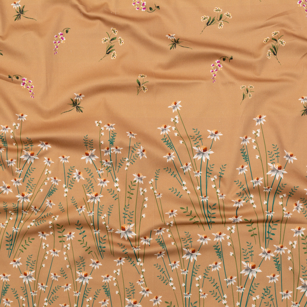 Stretch Cotton Sateen Panel – Brown Sugar Daisy Flowers – Growing Distant Print – Mood Exclusive Kenko Collection Stretch Cotton Sateen Panel – Brown Sugar Daisy Flowers – Growing Distant Print – Mood Exclusive Kenko Collection