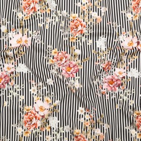 Stretch Cotton Sateen – Red and Black Floral and Stripes – Stream of Consciousness Print – Mood Exclusive Kenko Collection Stretch Cotton Sateen – Red and Black Floral and Stripes – Stream of Consciousness Print – Mood Exclusive Kenko Collection