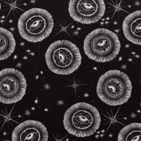 Stretch Polyester Crepe – Black and White Celestial Eyes – Night Side of Nature Print – Mood Exclusive Crow Collection Stretch Polyester Crepe – Black and White Celestial Eyes – Night Side of Nature Print – Mood Exclusive Crow Collection