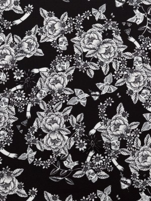 Stretch Polyester Crepe – Black and Star White Roses – Prophetic Dreams Print – Mood Exclusive Crow Collection Stretch Polyester Crepe – Black and Star White Roses – Prophetic Dreams Print – Mood Exclusive Crow Collection