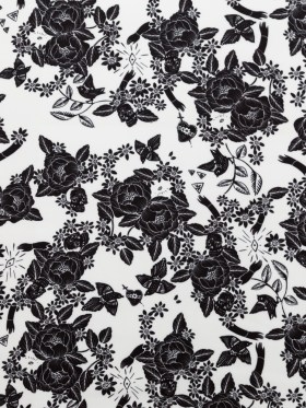 Stretch Polyester Crepe – White and Black Roses – Prophetic Dreams Print – Mood Exclusive Crow Collection Stretch Polyester Crepe – White and Black Roses – Prophetic Dreams Print – Mood Exclusive Crow Collection