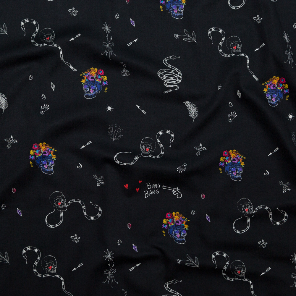 Stretch Cotton Sateen – Black and Multicolor Skulls and Snakes – Lover’s Farewell Print – Mood Exclusive Crow Collection Stretch Cotton Sateen – Black and Multicolor Skulls and Snakes – Lover’s Farewell Print – Mood Exclusive Crow Collection