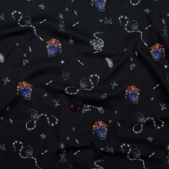 Stretch Cotton Sateen – Black and Multicolor Skulls and Snakes – Lover’s Farewell Print – Mood Exclusive Crow Collection Stretch Cotton Sateen – Black and Multicolor Skulls and Snakes – Lover’s Farewell Print – Mood Exclusive Crow Collection