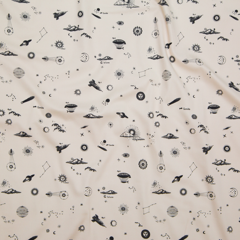 Stretch Cotton Sateen – White Flying Machines and Outer Space – Future That Awaits Us Print – Mood Exclusive Crow Collection Stretch Cotton Sateen – White Flying Machines and Outer Space – Future That Awaits Us Print – Mood Exclusive Crow Collection