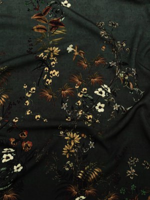 Stretch Polyester Crepe – Dark Green Floral – Verdant Shadows Print – Mood Exclusive Serengeti Collection Stretch Polyester Crepe – Dark Green Floral – Verdant Shadows Print – Mood Exclusive Serengeti Collection