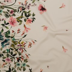 Stretch Cotton Sateen – White and Green Floral Border – Frolicking Florescence Print – Mood Exclusive Serengeti Collection Stretch Cotton Sateen – White and Green Floral Border – Frolicking Florescence Print – Mood Exclusive Serengeti Collection