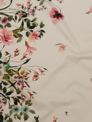 Stretch Cotton Sateen – White and Green Floral Border – Frolicking Florescence Print – Mood Exclusive Serengeti Collection Stretch Cotton Sateen – White and Green Floral Border – Frolicking Florescence Print – Mood Exclusive Serengeti Collection