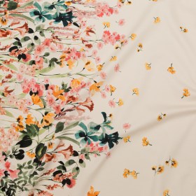 Stretch Cotton Sateen – White Floral Border – Blooming Upwards Print – Mood Exclusive Serengeti Collection Stretch Cotton Sateen – White Floral Border – Blooming Upwards Print – Mood Exclusive Serengeti Collection