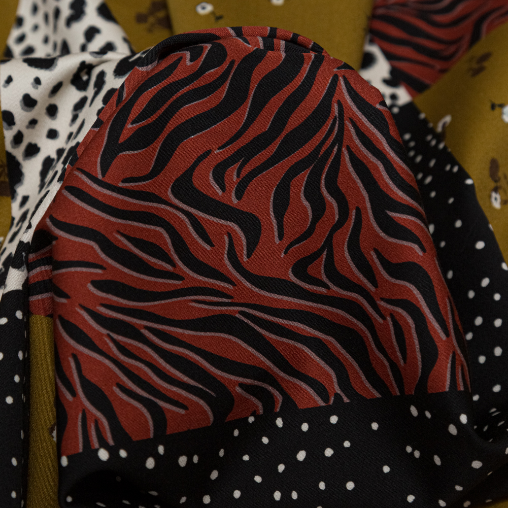 Stretch Cotton Sateen – Yellow, Red and Black Patchwork – Tiled Coalescence Print – Mood Exclusive Serengeti Collection Stretch Cotton Sateen – Yellow, Red and Black Patchwork – Tiled Coalescence Print – Mood Exclusive Serengeti Collection