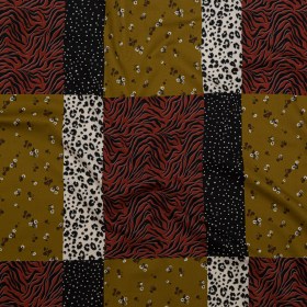 Stretch Cotton Sateen – Yellow, Red and Black Patchwork – Tiled Coalescence Print – Mood Exclusive Serengeti Collection Stretch Cotton Sateen – Yellow, Red and Black Patchwork – Tiled Coalescence Print – Mood Exclusive Serengeti Collection