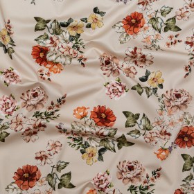 Stretch Cotton Sateen – Cream and Red Floral – Passive Petals Print – Mood Exclusive Serengeti Collection Stretch Cotton Sateen – Cream and Red Floral – Passive Petals Print – Mood Exclusive Serengeti Collection