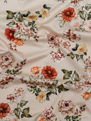 Stretch Cotton Sateen – Cream and Red Floral – Passive Petals Print – Mood Exclusive Serengeti Collection Stretch Cotton Sateen – Cream and Red Floral – Passive Petals Print – Mood Exclusive Serengeti Collection