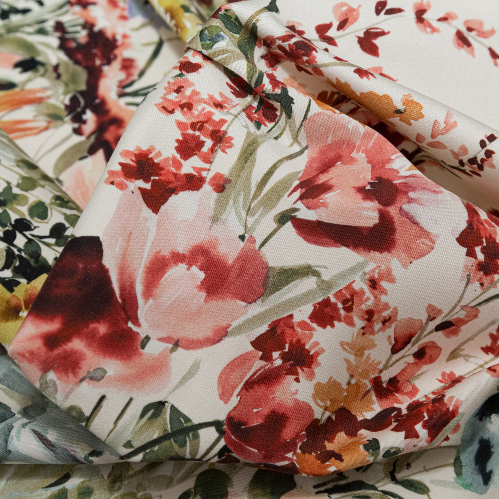 Stretch Cotton Sateen – Pink and Blue Floral Border – Floral Fantasia Print – Mood Exclusive Serengeti Collection Stretch Cotton Sateen – Pink and Blue Floral Border – Floral Fantasia Print – Mood Exclusive Serengeti Collection