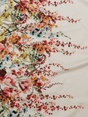 Stretch Cotton Sateen – Pink and Blue Floral Border – Floral Fantasia Print – Mood Exclusive Serengeti Collection Stretch Cotton Sateen – Pink and Blue Floral Border – Floral Fantasia Print – Mood Exclusive Serengeti Collection