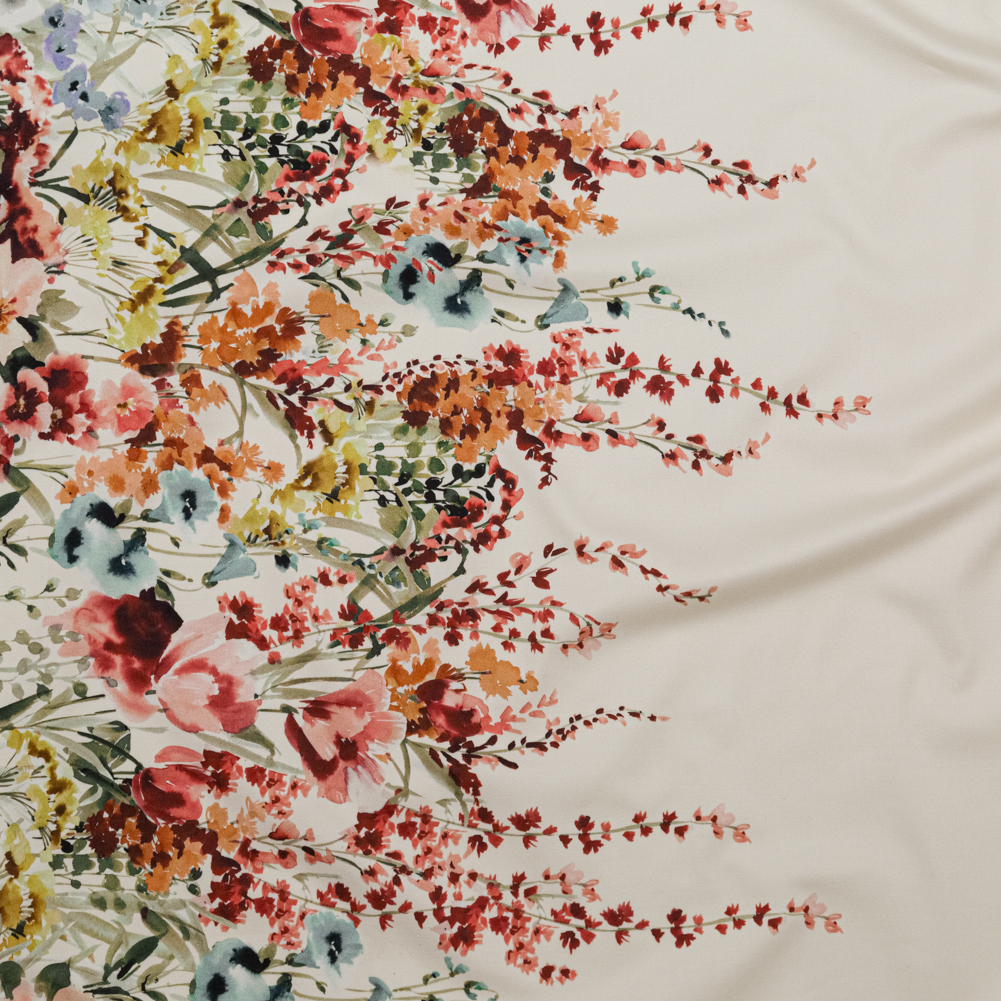 Stretch Cotton Sateen – Pink and Blue Floral Border – Floral Fantasia Print – Mood Exclusive Serengeti Collection Stretch Cotton Sateen – Pink and Blue Floral Border – Floral Fantasia Print – Mood Exclusive Serengeti Collection