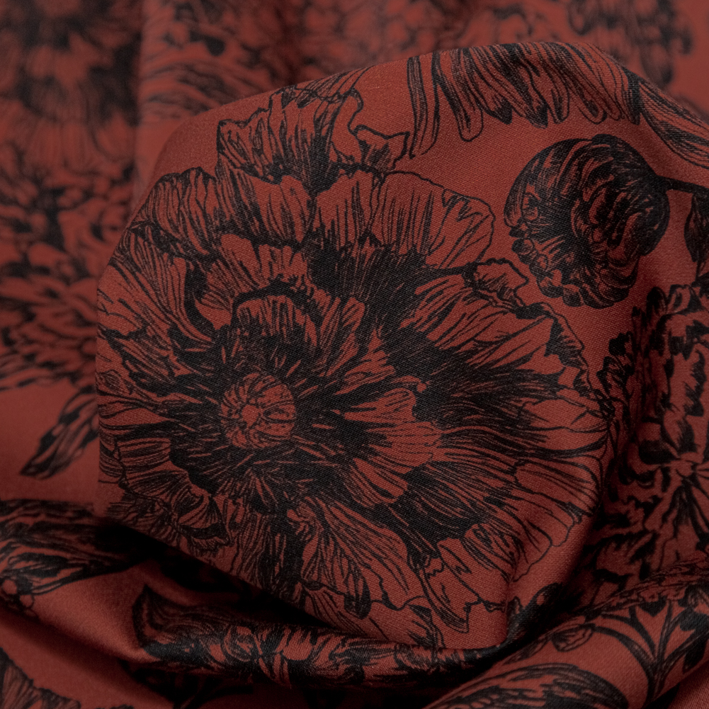 Stretch Cotton Sateen - Brown and Black Floral - Ephemeral Flora Print - Mood Exclusive Serengeti Collection