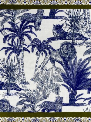 Rayon Challis Panel – Blue and White Big Cats and Leaves – Grimalkin Glare Print – Mood Exclusive Tumunyana Collection Rayon Challis Panel – Blue and White Big Cats and Leaves – Grimalkin Glare Print – Mood Exclusive Tumunyana Collection