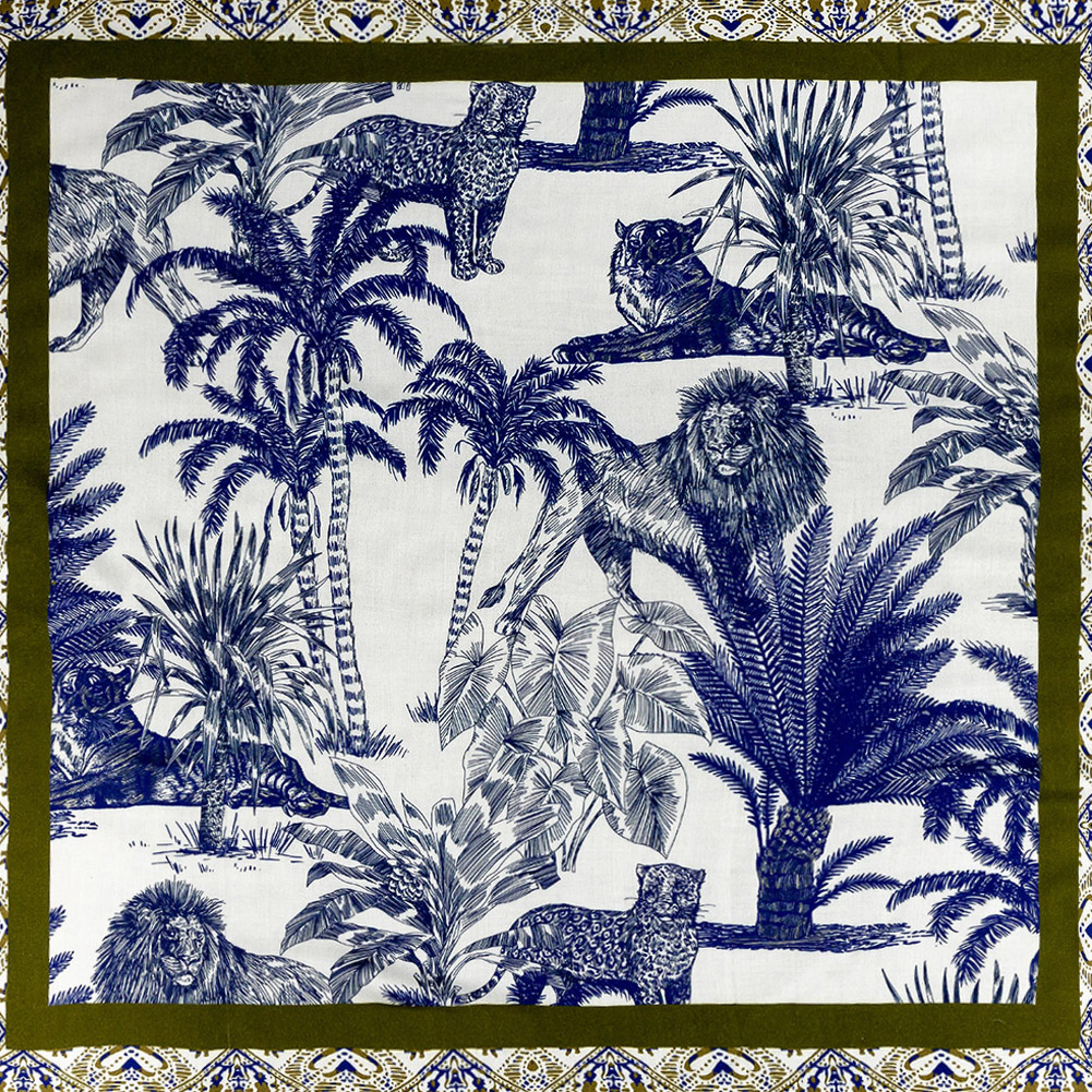 Rayon Challis Panel – Blue and White Big Cats and Leaves – Grimalkin Glare Print – Mood Exclusive Tumunyana Collection Rayon Challis Panel – Blue and White Big Cats and Leaves – Grimalkin Glare Print – Mood Exclusive Tumunyana Collection