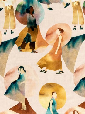 Rayon Challis – Multi Watercolor Figures and Shapes – Wayfaring Woman Print – Mood Exclusive Tumunyana Collection Rayon Challis – Multi Watercolor Figures and Shapes – Wayfaring Woman Print – Mood Exclusive Tumunyana Collection