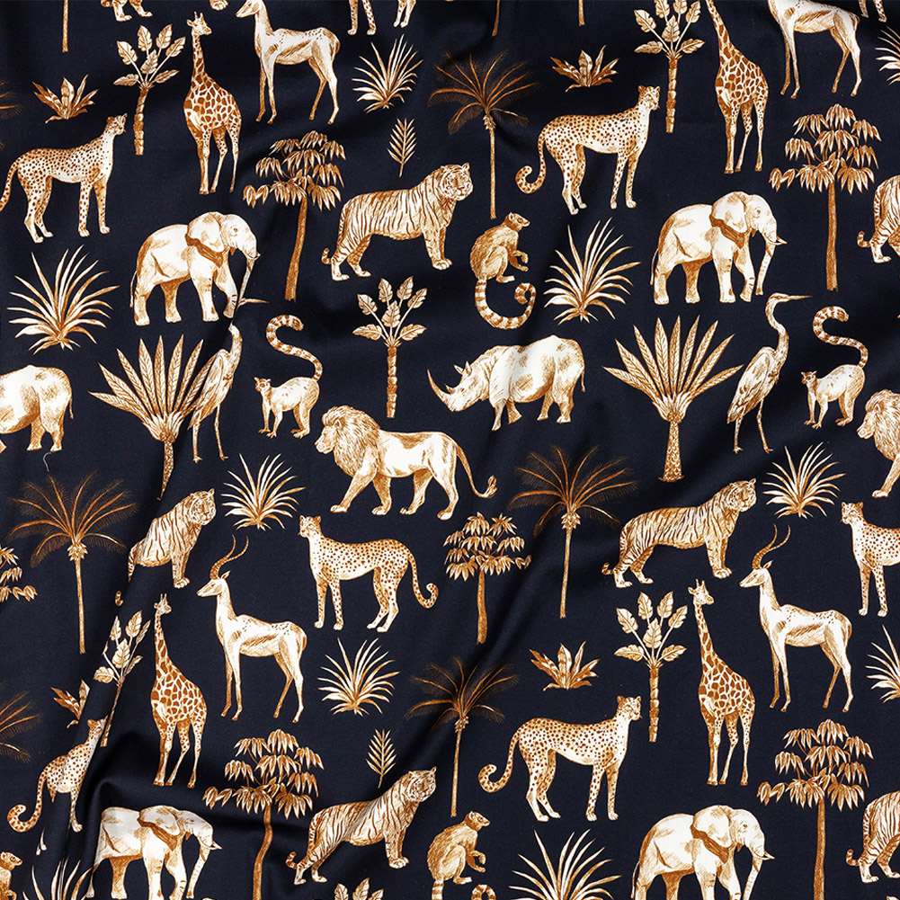 Stretch Cotton Sateen – Navy and Yellow Animals and Palms – Hegemonic Hierarchy Print – Mood Exclusive Tumunyana Collection Stretch Cotton Sateen – Navy and Yellow Animals and Palms – Hegemonic Hierarchy Print – Mood Exclusive Tumunyana Collection