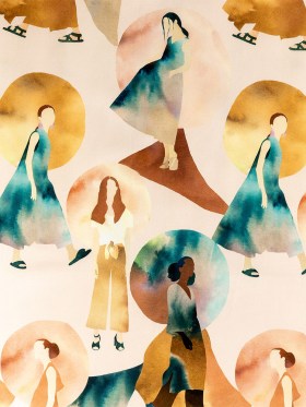 Stretch Cotton Sateen – Multi Watercolor Figures and Shapes – Wayfaring Woman Print – Mood Exclusive Tumunyana Collection Stretch Cotton Sateen – Multi Watercolor Figures and Shapes – Wayfaring Woman Print – Mood Exclusive Tumunyana Collection