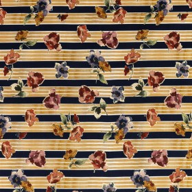 Stretch Cotton Sateen – Yellow and Navy Floral over Stripes – Harmonious Hibiscus Print – Mood Exclusive Tumunyana Collection Stretch Cotton Sateen – Yellow and Navy Floral over Stripes – Harmonious Hibiscus Print – Mood Exclusive Tumunyana Collection