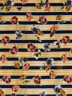 Stretch Cotton Sateen – Yellow and Navy Floral over Stripes – Harmonious Hibiscus Print – Mood Exclusive Tumunyana Collection Stretch Cotton Sateen – Yellow and Navy Floral over Stripes – Harmonious Hibiscus Print – Mood Exclusive Tumunyana Collection