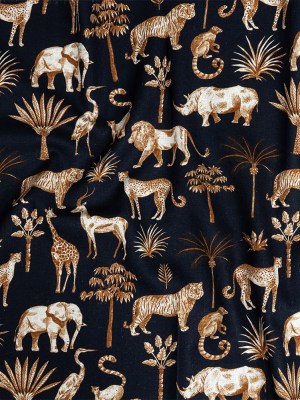 Linen and Rayon Woven – Navy and Yellow Animals and Palms – Hegemonic Hierarchy Print – Mood Exclusive Tumunyana Collection Linen and Rayon Woven – Navy and Yellow Animals and Palms – Hegemonic Hierarchy Print – Mood Exclusive Tumunyana Collection