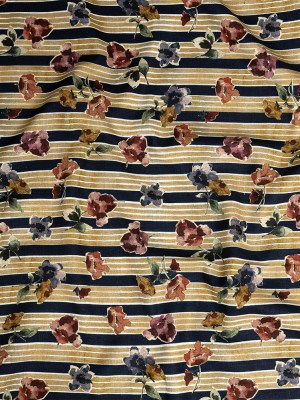 Linen and Rayon Woven – Yellow and Navy Floral over Stripes – Harmonious Hibiscus Print – Mood Exclusive Tumunyana Collection Linen and Rayon Woven – Yellow and Navy Floral over Stripes – Harmonious Hibiscus Print – Mood Exclusive Tumunyana Collection