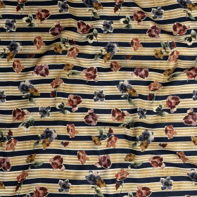 Linen and Rayon Woven – Yellow and Navy Floral over Stripes – Harmonious Hibiscus Print – Mood Exclusive Tumunyana Collection Linen and Rayon Woven – Yellow and Navy Floral over Stripes – Harmonious Hibiscus Print – Mood Exclusive Tumunyana Collection