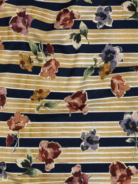Cotton Voile – Yellow and Navy Floral over Stripes – Harmonious Hibiscus Print – Mood Exclusive Tumunyana Collection Cotton Voile – Yellow and Navy Floral over Stripes – Harmonious Hibiscus Print – Mood Exclusive Tumunyana Collection