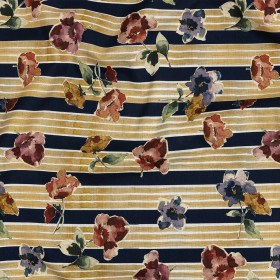 Cotton Voile – Yellow and Navy Floral over Stripes – Harmonious Hibiscus Print – Mood Exclusive Tumunyana Collection Cotton Voile – Yellow and Navy Floral over Stripes – Harmonious Hibiscus Print – Mood Exclusive Tumunyana Collection