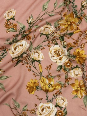 Rayon Challis – Pink, Yellow and White Rose Sprays – Bella Verona Print – Mood Exclusive Viso Collection Rayon Challis – Pink, Yellow and White Rose Sprays – Bella Verona Print – Mood Exclusive Viso Collection