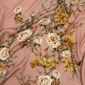 Rayon Challis – Pink, Yellow and White Rose Sprays – Bella Verona Print – Mood Exclusive Viso Collection Rayon Challis – Pink, Yellow and White Rose Sprays – Bella Verona Print – Mood Exclusive Viso Collection