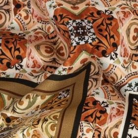 Stretch Cotton Sateen – Pink and Orange Ornate Patchwork – Arabesco Print – Mood Exclusive Viso Collection Stretch Cotton Sateen – Pink and Orange Ornate Patchwork – Arabesco Print – Mood Exclusive Viso Collection