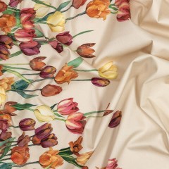 Stretch Cotton Sateen – Pink, Red and Yellow Tulips Border – Camminata Print – Mood Exclusive Viso Collection Stretch Cotton Sateen – Pink, Red and Yellow Tulips Border – Camminata Print – Mood Exclusive Viso Collection