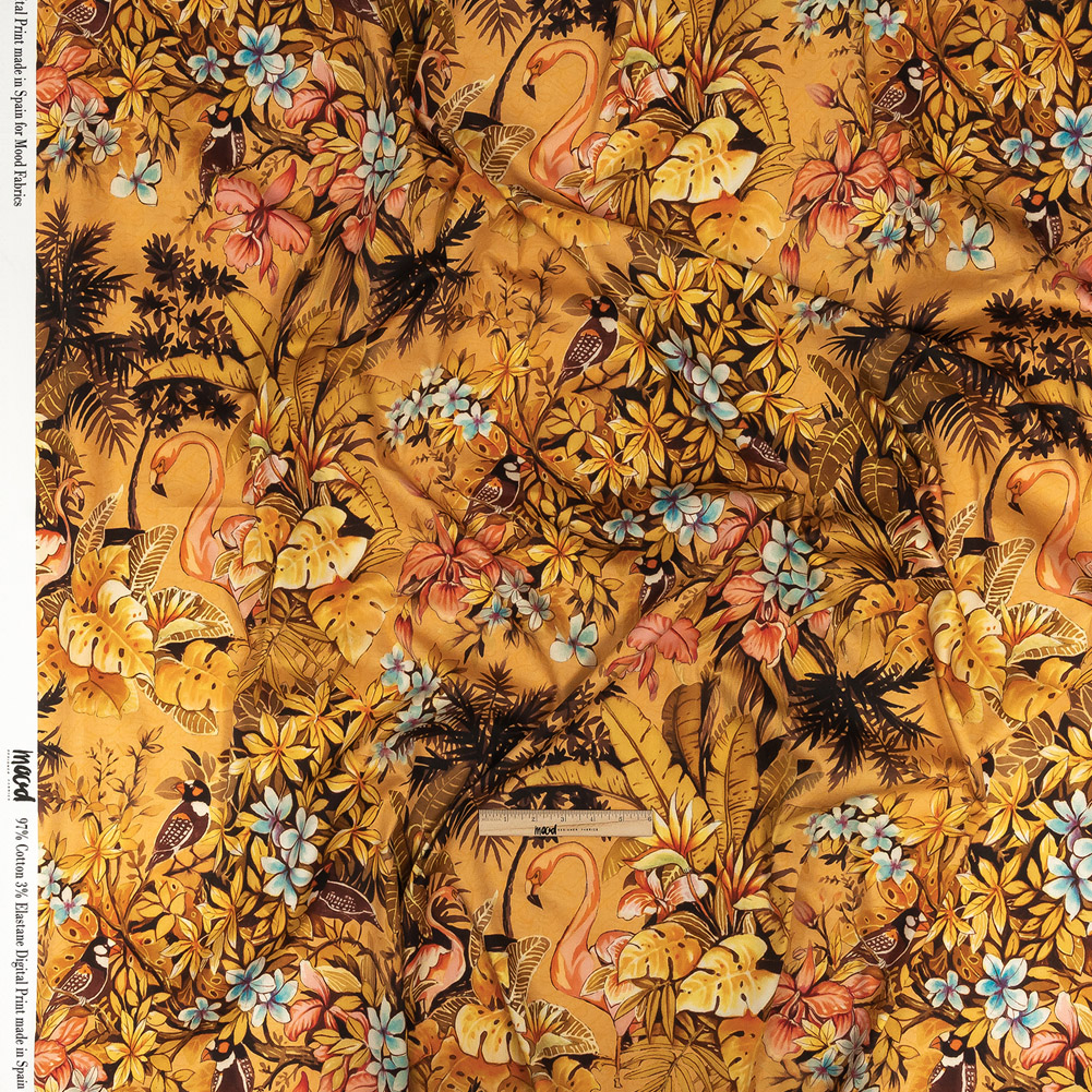 Stretch Cotton Sateen – Gold and Pink Flamingoes and Flowers – Toscana Print – Mood Exclusive Viso Collection Stretch Cotton Sateen – Gold and Pink Flamingoes and Flowers – Toscana Print – Mood Exclusive Viso Collection