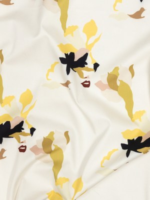 Stretch Cotton Sateen – White and Yellow Floral and Faces – La Donna Print – Mood Exclusive Viso Collection Stretch Cotton Sateen – White and Yellow Floral and Faces – La Donna Print – Mood Exclusive Viso Collection