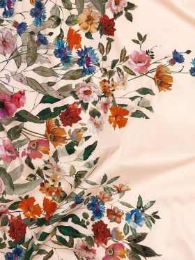 Stretch Cotton Sateen – Pink and Multicolor Floral Border – Adagio Print – Mood Exclusive Viso Collection Stretch Cotton Sateen – Pink and Multicolor Floral Border – Adagio Print – Mood Exclusive Viso Collection